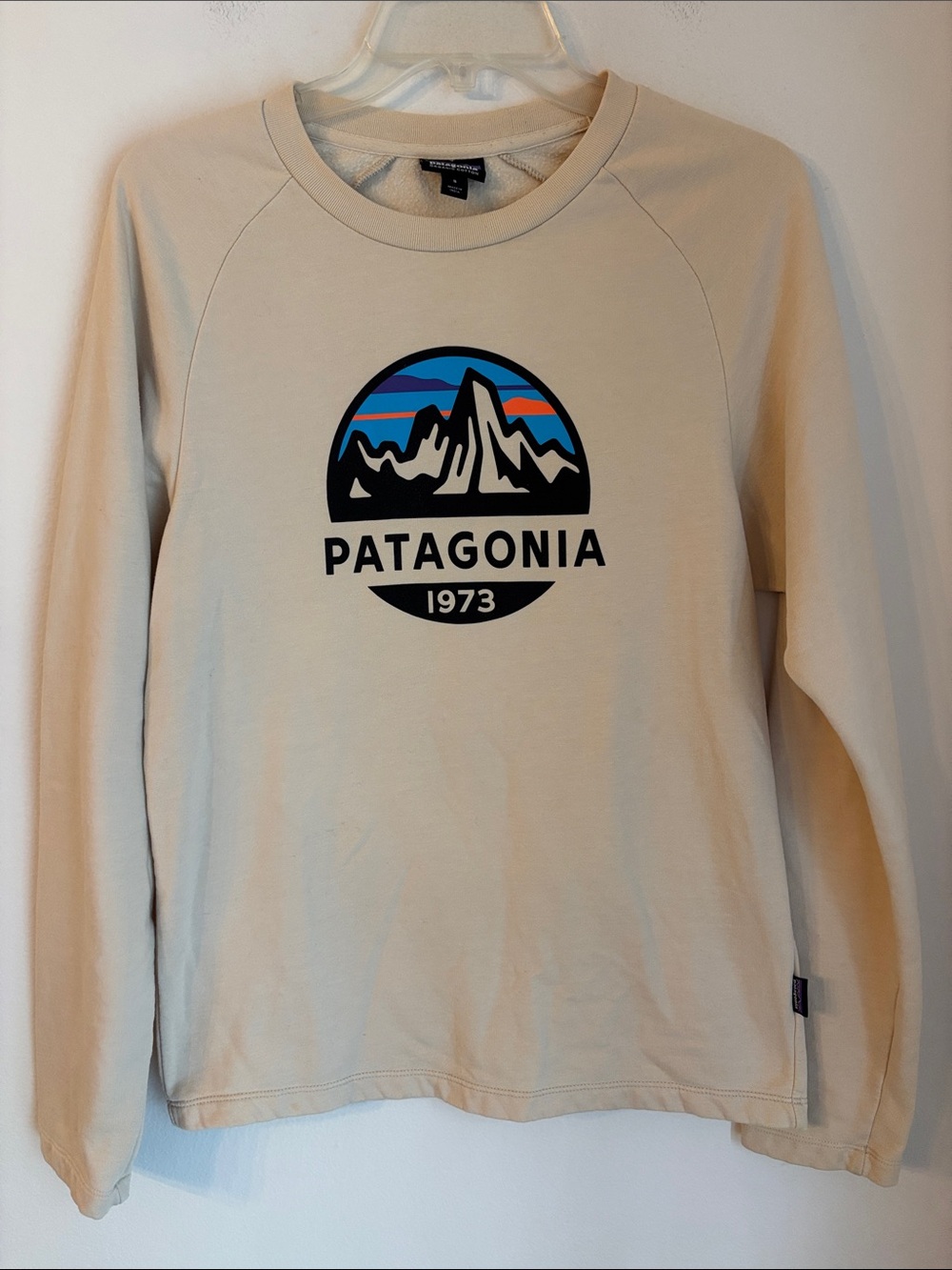 Patagonia Women’s Cream Crewneck Sweatshirt big Logo organic cotton size small